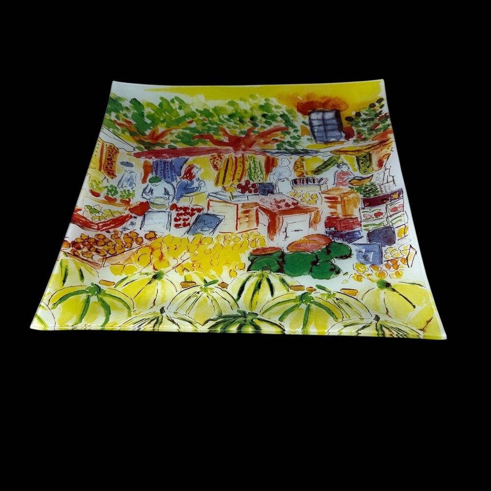 Art Glass Serving Platter Impressionist Vibrant Farmers Market 12x12 Bent Edges